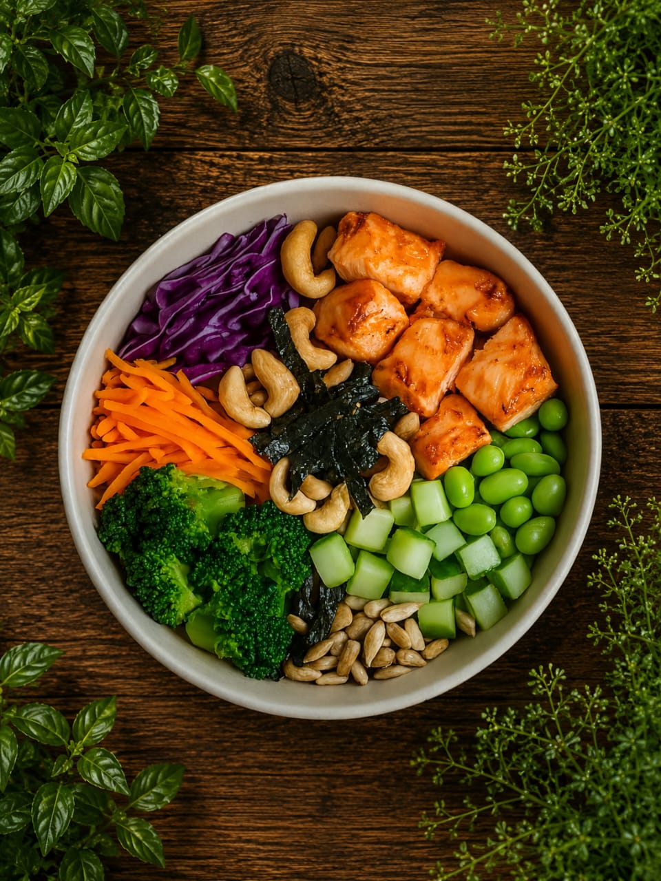 Nórdico bowl con salmón, edamame, vegetales frescos y crunch